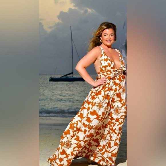 Aakaa Boho cream & brown floral maxi dress with tie front - Picture 3 of 3